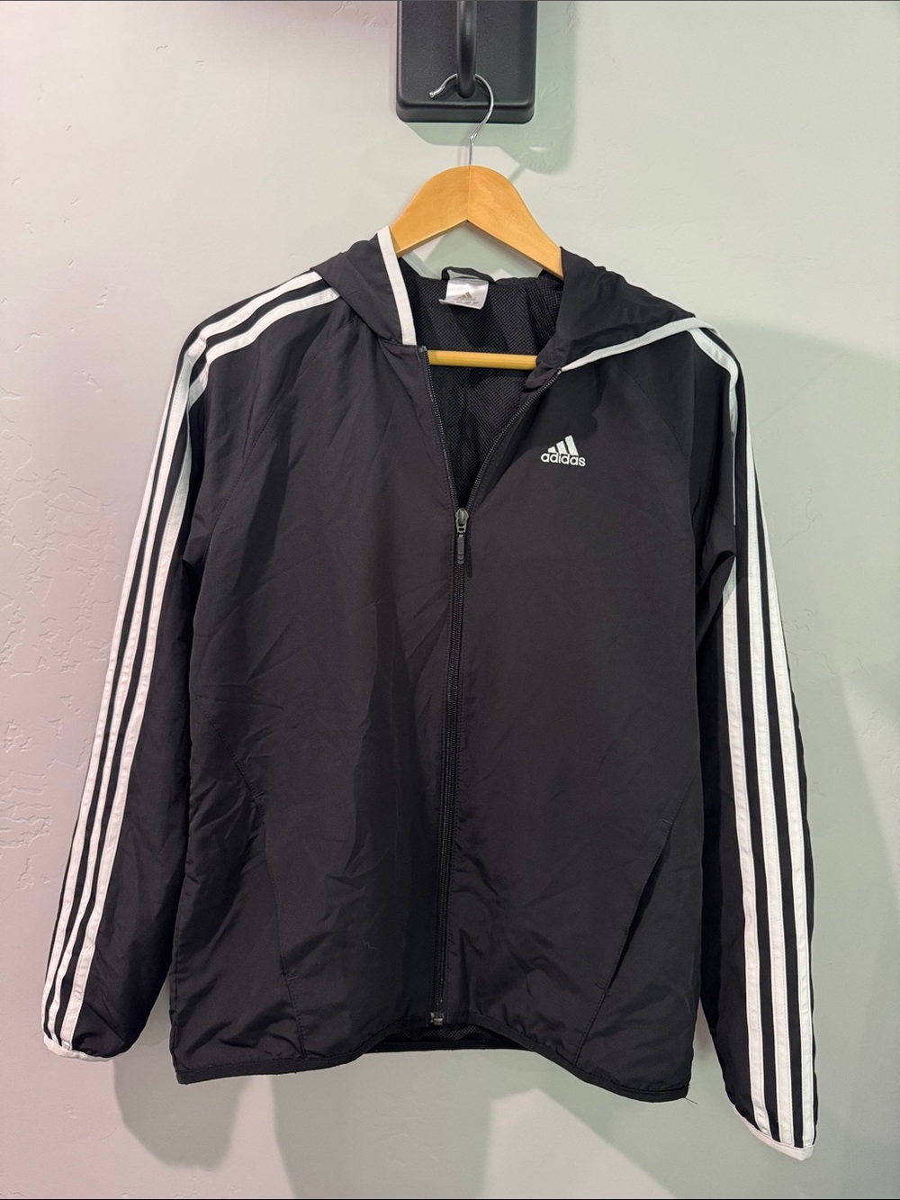 Adidas Black Hooded Track Jacket with White Stripe